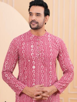 Men’s Pink Ethnic Printed Cotton Kurta with Pajama Set