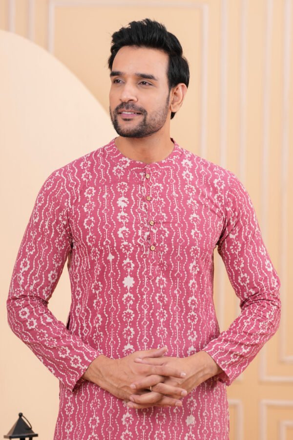 Men’s Pink Ethnic Printed Cotton Kurta with Pajama Set