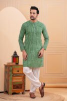 Men’s Green Striped Cotton Kurta with Pajama Set