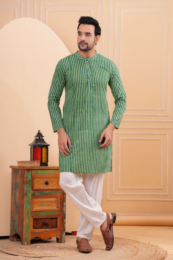 Men’s Green Striped Cotton Kurta with Pajama Set