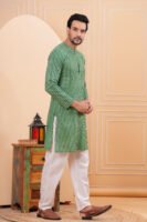 Men’s Green Striped Cotton Kurta with Pajama Set