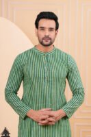 Men’s Green Striped Cotton Kurta with Pajama Set