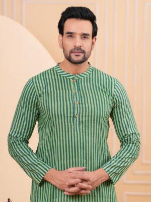 Men’s Green Striped Cotton Kurta with Pajama Set