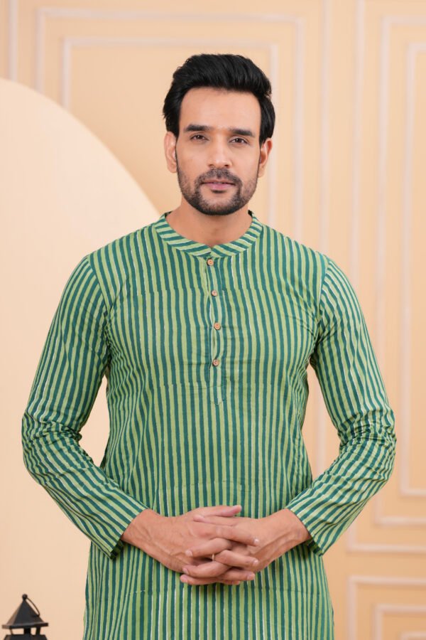 Men’s Green Striped Cotton Kurta with Pajama Set