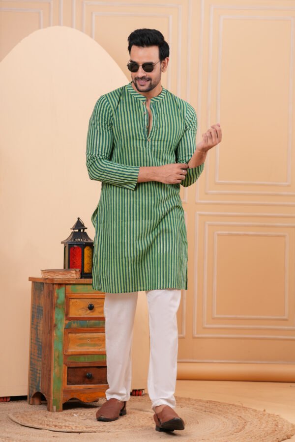 Men’s Green Striped Cotton Kurta with Pajama Set