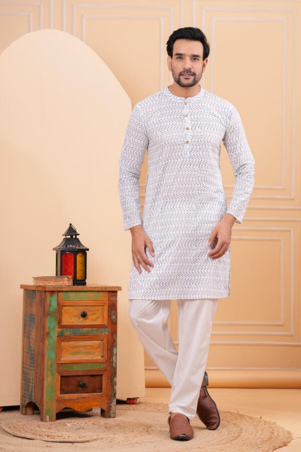 Men’s White Abstract Printed Cotton Kurta with Pajama Set