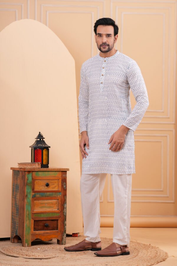 Men’s White Abstract Printed Cotton Kurta with Pajama Set