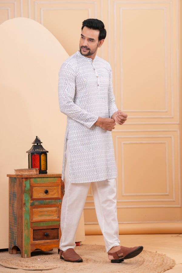 Men’s White Abstract Printed Cotton Kurta with Pajama Set