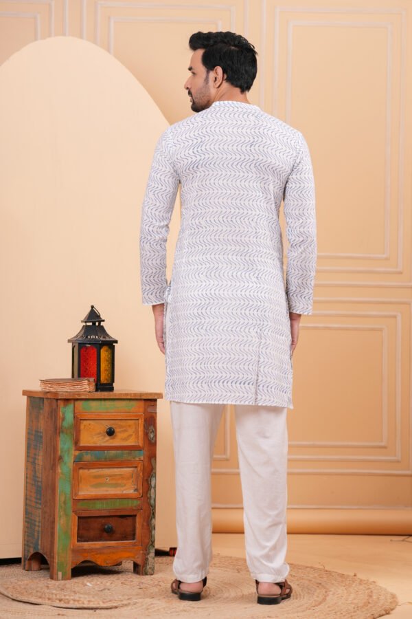 Men’s White Abstract Printed Cotton Kurta with Pajama Set