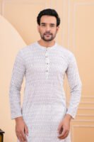 Men’s White Abstract Printed Cotton Kurta with Pajama Set