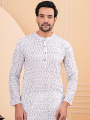 Men’s White Abstract Printed Cotton Kurta with Pajama Set