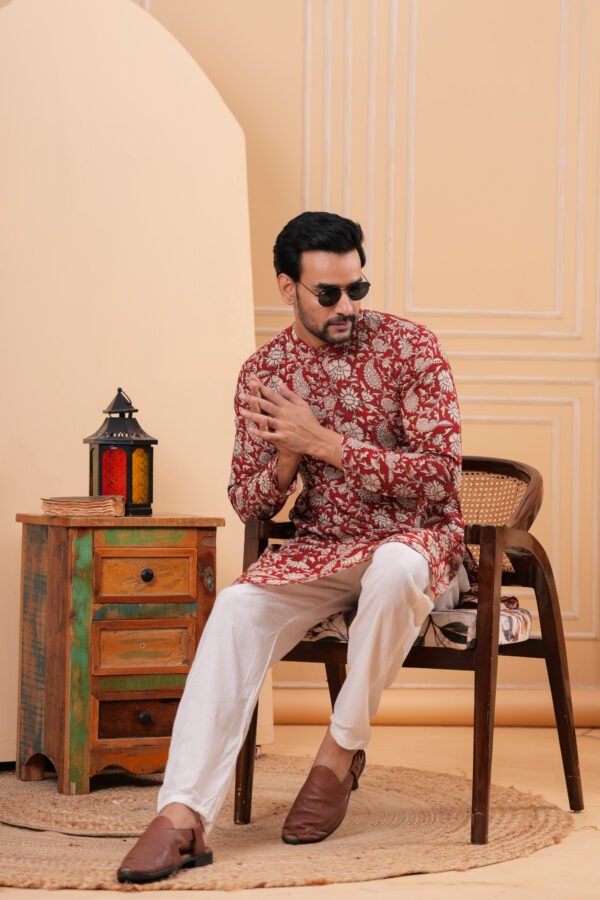 Men’s Red Floral Printed Cotton Kurta with Pajama Set