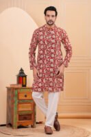 Men’s Red Floral Printed Cotton Kurta with Pajama Set