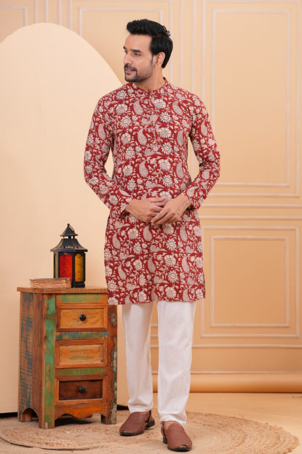 Men’s Red Floral Printed Cotton Kurta with Pajama Set