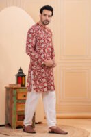 Men’s Red Floral Printed Cotton Kurta with Pajama Set