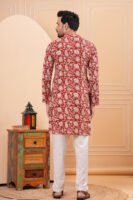 Men’s Red Floral Printed Cotton Kurta with Pajama Set