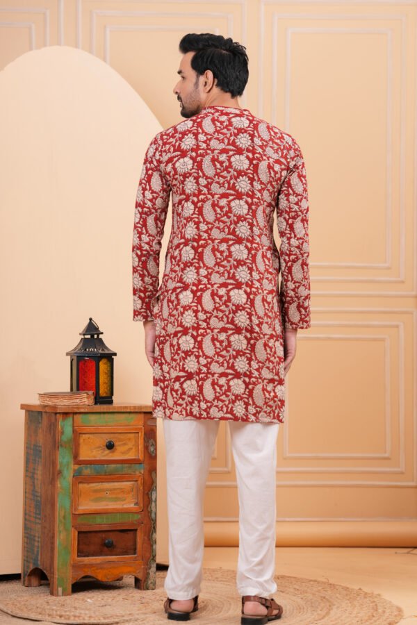 Men’s Red Floral Printed Cotton Kurta with Pajama Set