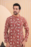 Men’s Red Floral Printed Cotton Kurta with Pajama Set