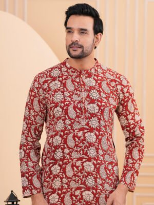 Men’s Red Floral Printed Cotton Kurta with Pajama Set