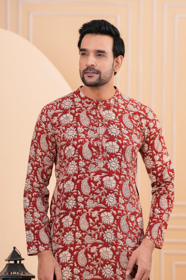 Men’s Red Floral Printed Cotton Kurta with Pajama Set