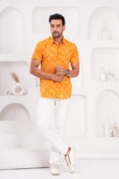 Men’s Luxury Hand Block Printed Shirt – Saffron Bloom Edition