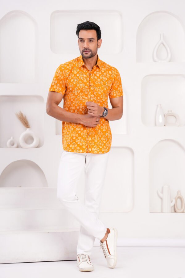 Men’s Luxury Hand Block Printed Shirt – Saffron Bloom Edition