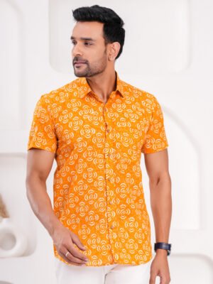 Men’s Luxury Hand Block Printed Shirt – Saffron Bloom Edition