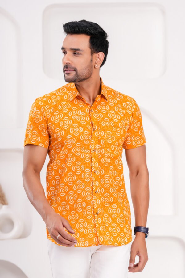 Men’s Luxury Hand Block Printed Shirt – Saffron Bloom Edition