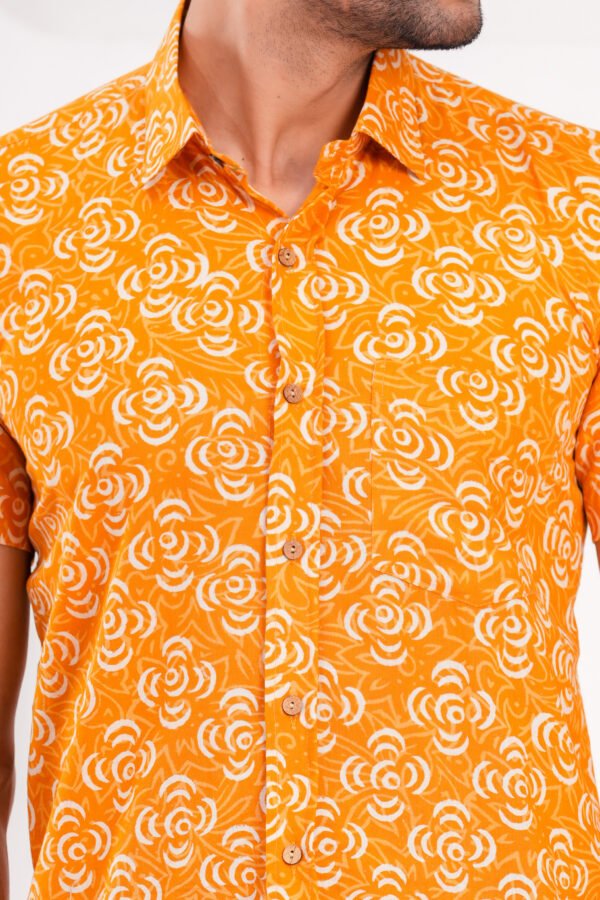 Men’s Luxury Hand Block Printed Shirt – Saffron Bloom Edition