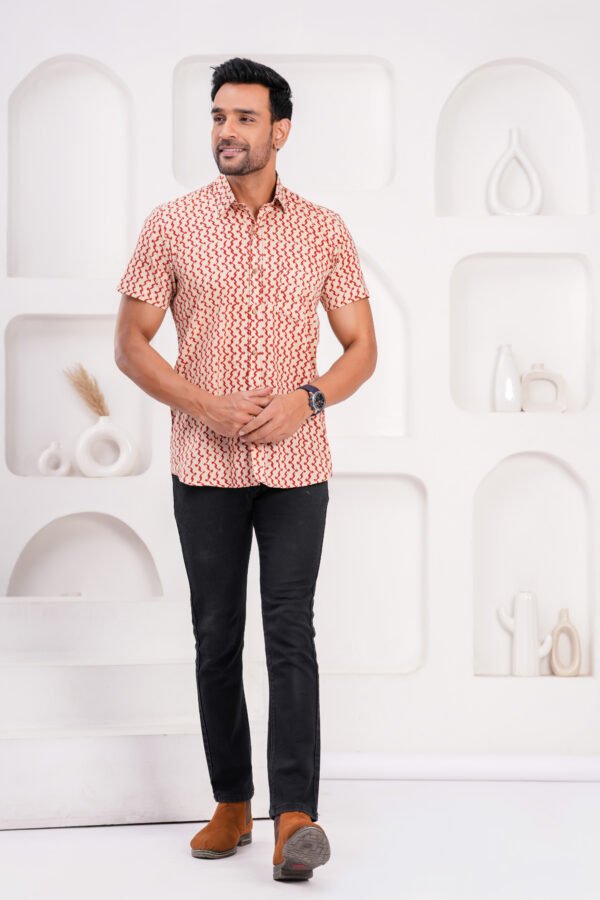 Men’s Luxury Hand Block Printed Shirt – Crimson Ivory Signature
