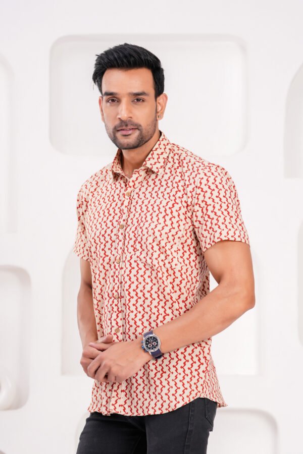 Men’s Luxury Hand Block Printed Shirt – Crimson Ivory Signature