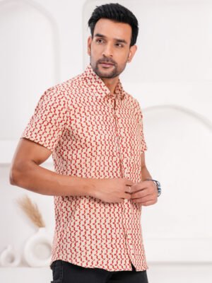 Men’s Luxury Hand Block Printed Shirt – Crimson Ivory Signature