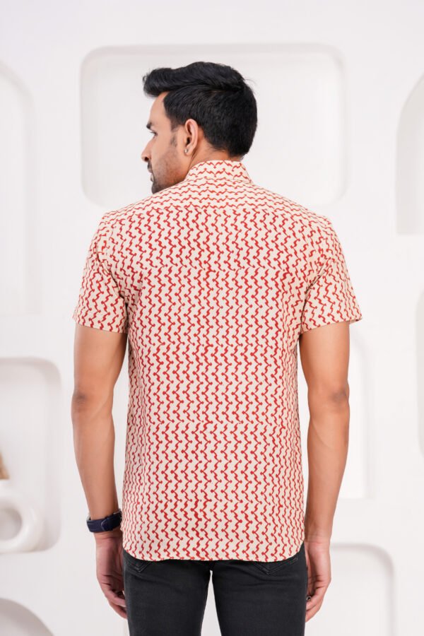 Men’s Luxury Hand Block Printed Shirt – Crimson Ivory Signature