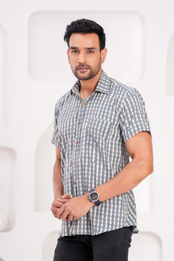 Men’s Luxury Hand Block Printed Shirt – Slate Grey Dotted Edition