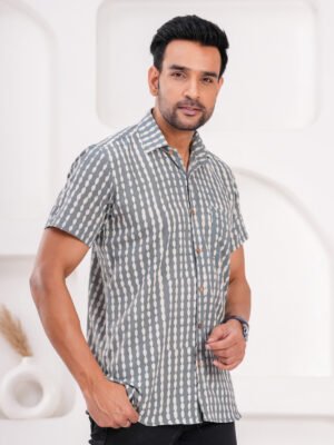 Men’s Luxury Hand Block Printed Shirt – Slate Grey Dotted Edition