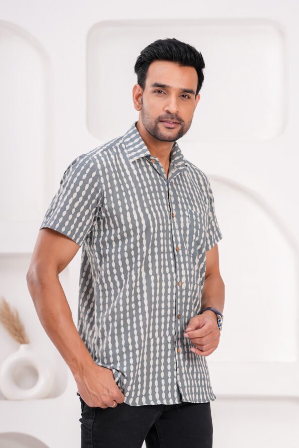 Men’s Luxury Hand Block Printed Shirt – Slate Grey Dotted Edition