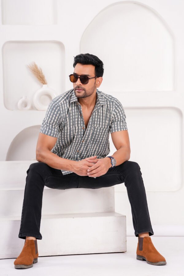 Men’s Luxury Hand Block Printed Shirt – Slate Grey Dotted Edition