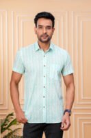 Men’s Luxury Hand Block Printed Shirt – Mint Chevron Edition