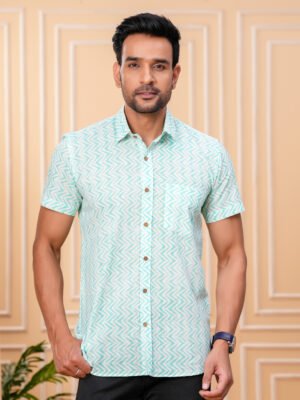 Men’s Luxury Hand Block Printed Shirt – Mint Chevron Edition