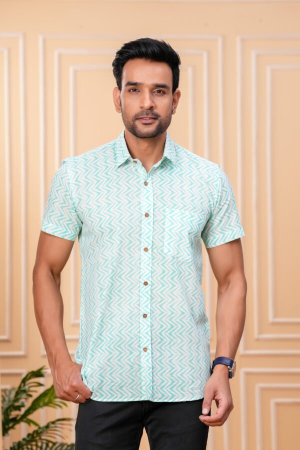 Men’s Luxury Hand Block Printed Shirt – Mint Chevron Edition