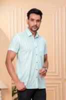 Men’s Luxury Hand Block Printed Shirt – Mint Chevron Edition