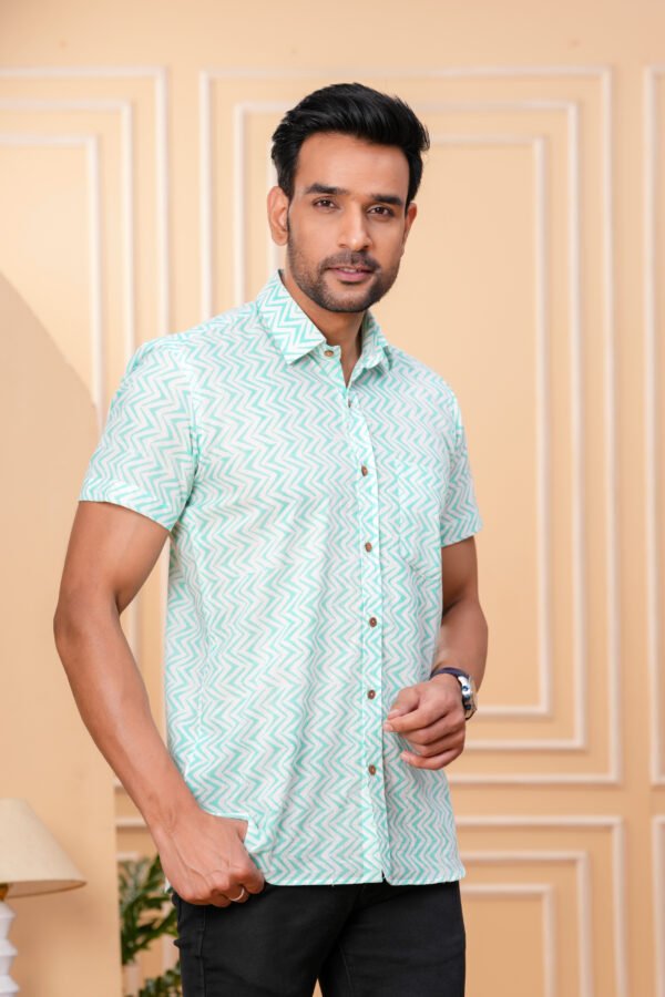 Men’s Luxury Hand Block Printed Shirt – Mint Chevron Edition