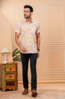 Men’s Luxury Hand Block Printed Shirt – Sunflower Ivory Edition