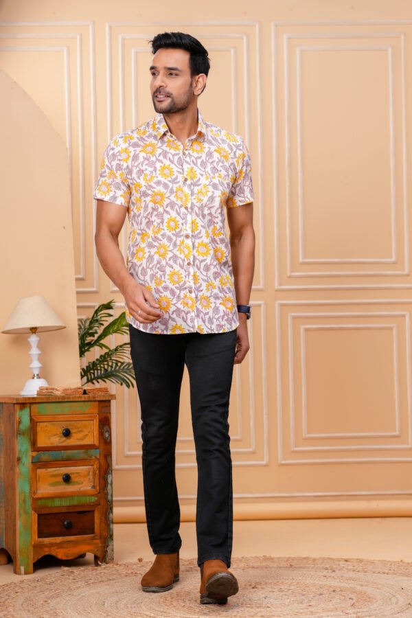 Men’s Luxury Hand Block Printed Shirt – Sunflower Ivory Edition