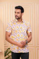 Men’s Luxury Hand Block Printed Shirt – Sunflower Ivory Edition