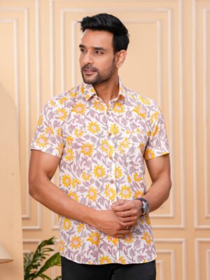 Men’s Luxury Hand Block Printed Shirt – Sunflower Ivory Edition