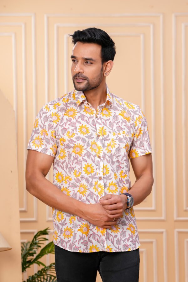 Men’s Luxury Hand Block Printed Shirt – Sunflower Ivory Edition