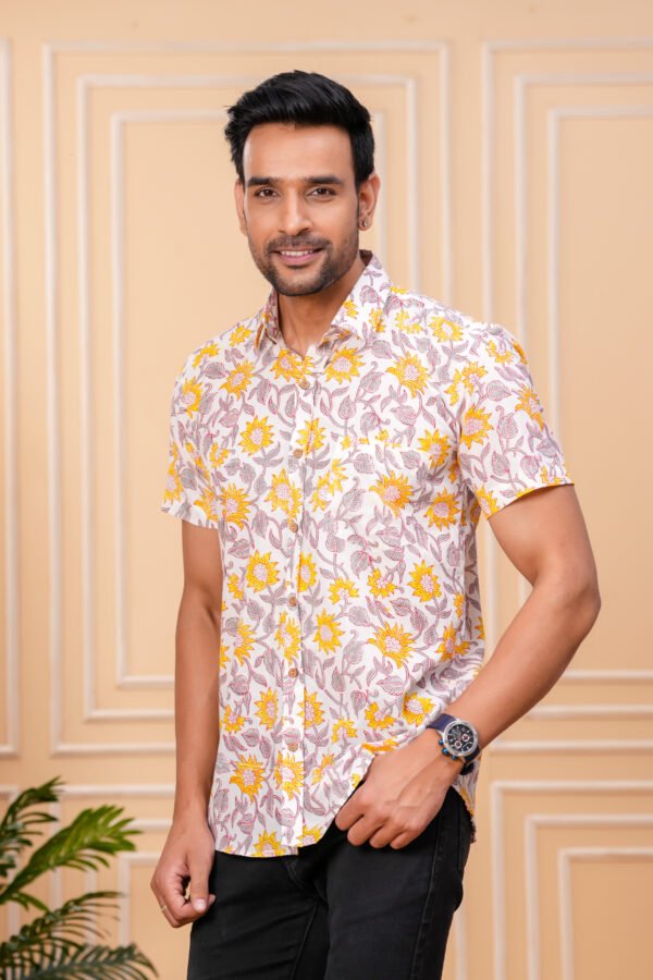 Men’s Luxury Hand Block Printed Shirt – Sunflower Ivory Edition