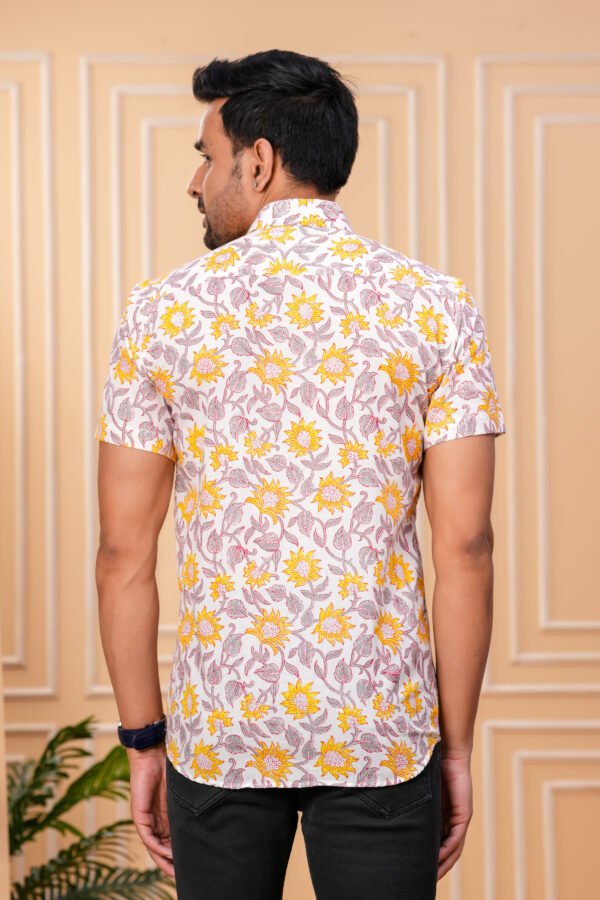 Men’s Luxury Hand Block Printed Shirt – Sunflower Ivory Edition