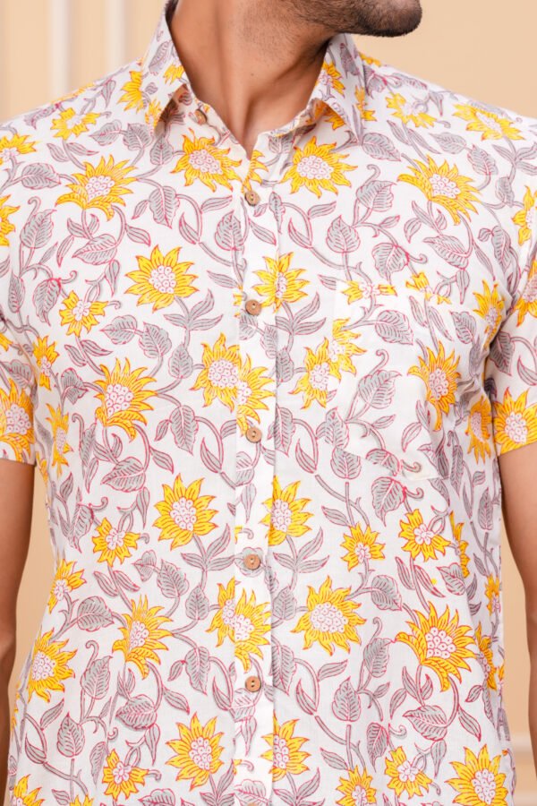 Men’s Luxury Hand Block Printed Shirt – Sunflower Ivory Edition
